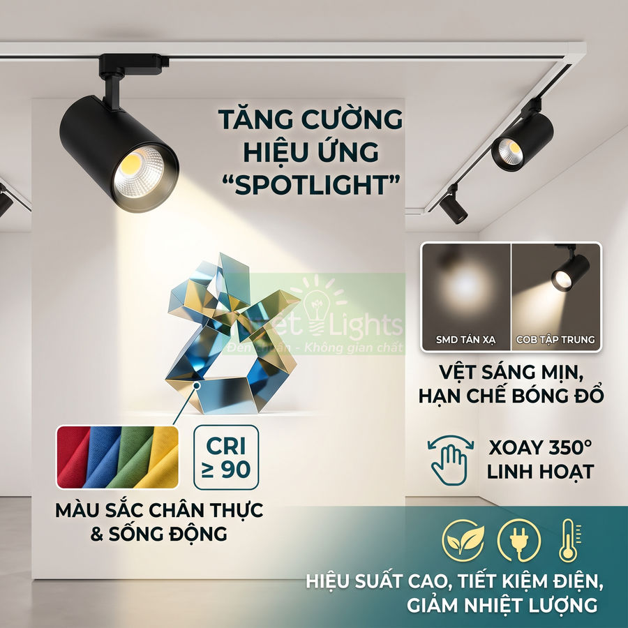 Đèn rọi ray LED màu đen chiếu spotlight CRI cao, ánh sáng mịn xoay 350 độ, tiết kiệm điện cho không gian trưng bày