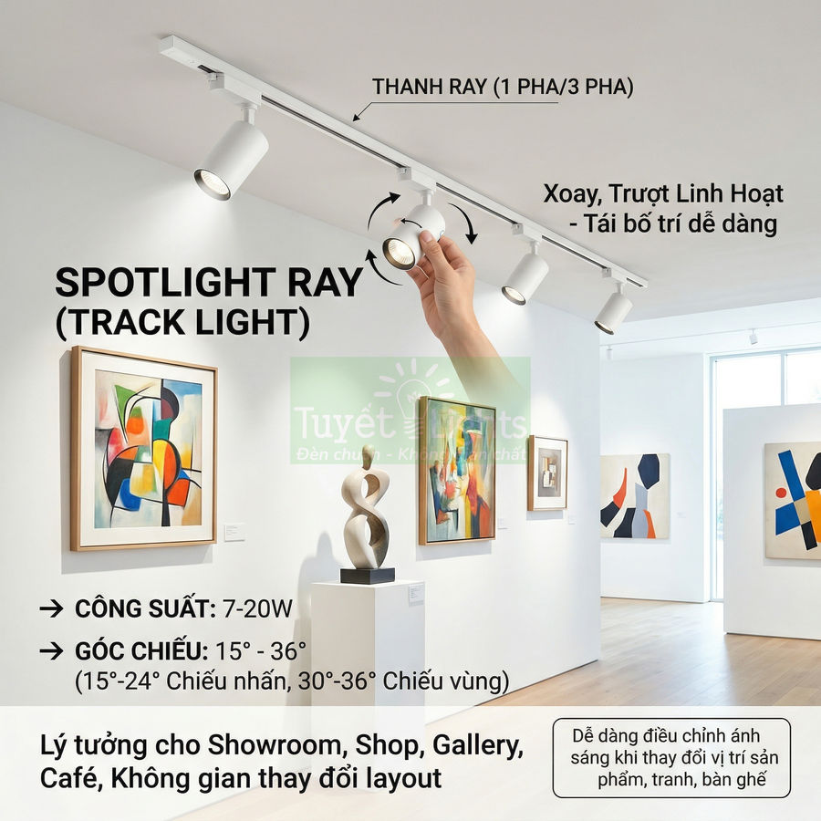 Đèn spotlight ray trắng lắp trên thanh ray chiếu sáng tranh và tác phẩm nghệ thuật trong không gian gallery hiện đại