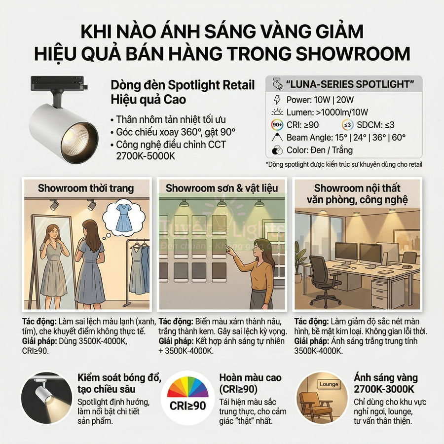 Infographic đèn spotlight retail Luna-Series chiếu sáng showroom thời trang, sơn vật liệu, nội thất văn phòng