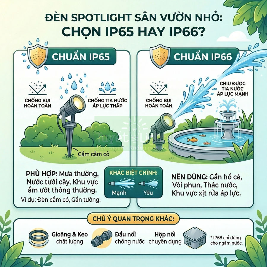 Infographic so sánh đèn spotlight sân vườn chuẩn IP65 và IP66, chống bụi và chịu nước cho nhiều môi trường ngoài trời