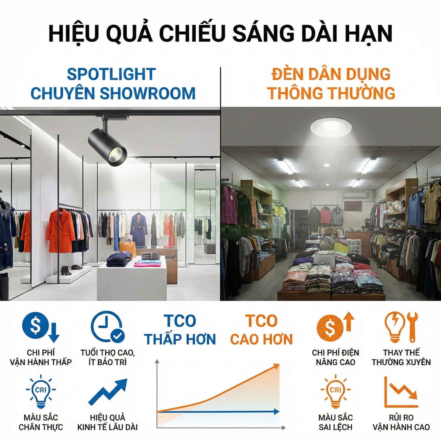 So sánh đèn spotlight showroom và đèn dân dụng trong cửa hàng quần áo, nêu hiệu quả chiếu sáng và chi phí vận hành