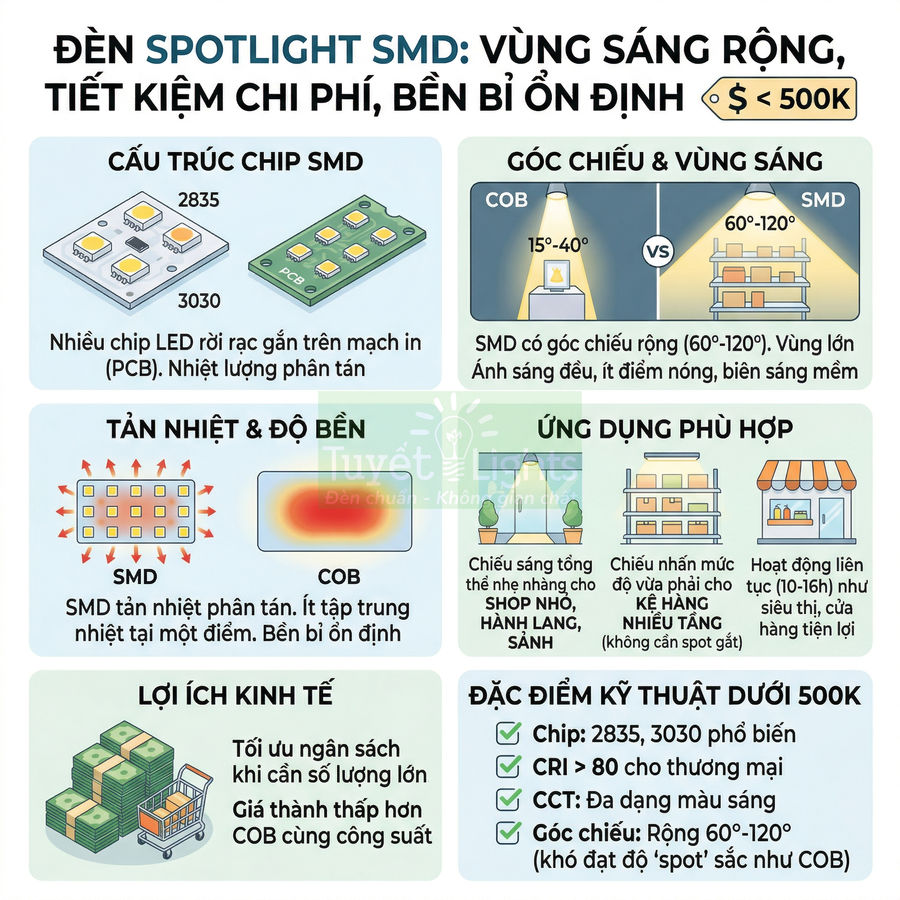 Infographic so sánh đèn spotlight SMD và COB về cấu trúc chip, góc chiếu, tản nhiệt, ứng dụng và lợi ích kinh tế
