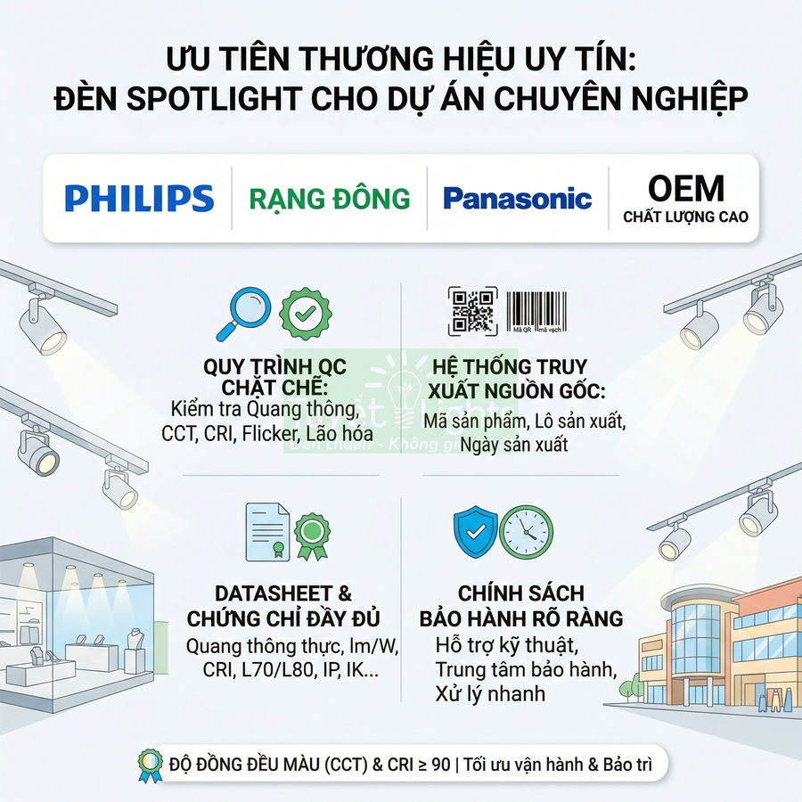 Ưu tiên đèn spotlight thương hiệu Philips, Rạng Đông, Panasonic, OEM cho dự án chiếu sáng chuyên nghiệp