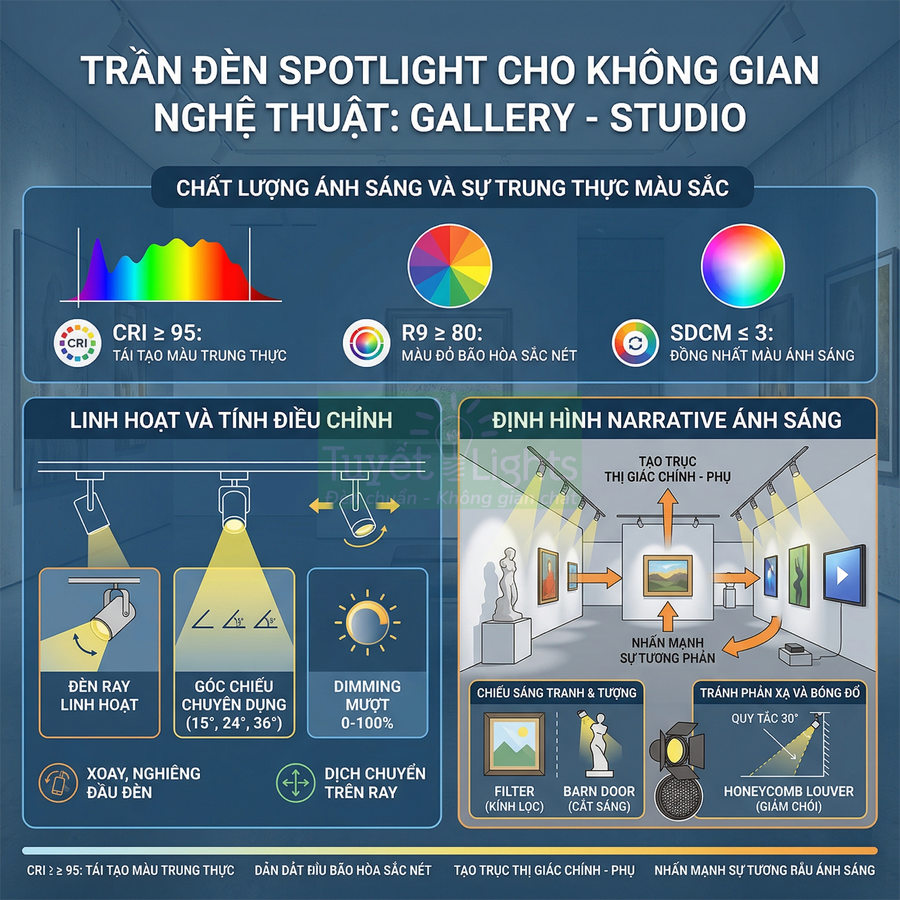 Trần đèn spotlight ray chiếu tranh cho gallery studio với ánh sáng CRI cao và điều chỉnh linh hoạt