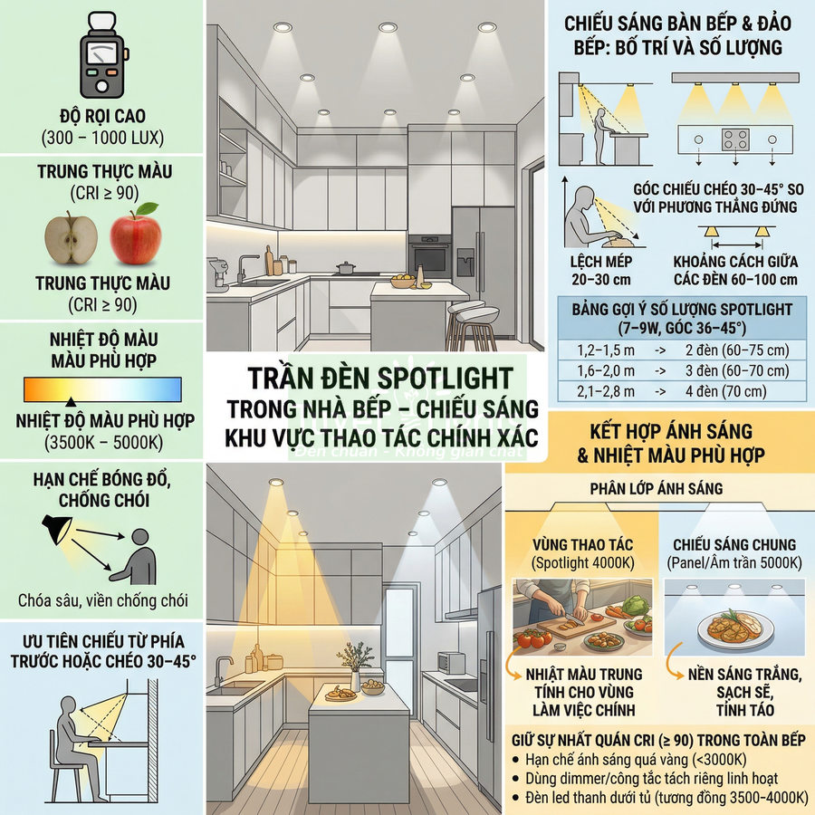 Hướng dẫn bố trí đèn spotlight trần cho nhà bếp hiện đại với ánh sáng trung tính và chống chói