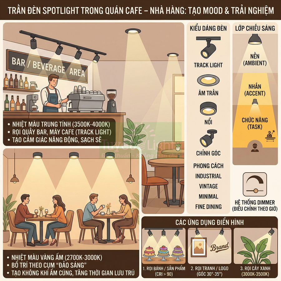 Minh họa trần đèn spotlight trong quán cafe nhà hàng với nhiều kiểu đèn rọi tạo mood và chiếu sáng sản phẩm