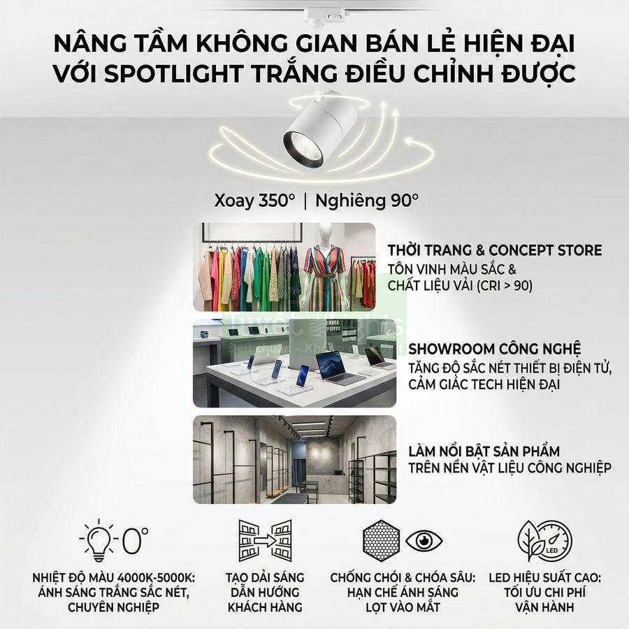 Đèn spotlight trắng xoay 350 độ, nghiêng 90 độ chiếu sáng cửa hàng thời trang và showroom công nghệ hiện đại