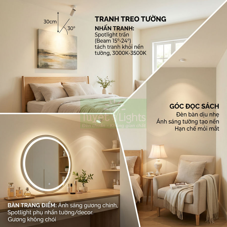 Phòng ngủ hiện đại dùng đèn spotlight trần và đèn bàn tạo ánh sáng ấm cho tranh treo tường, góc đọc sách và bàn trang điểm