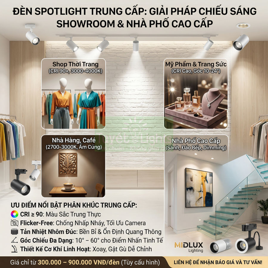 Đèn spotlight MiDLUX chiếu sáng showroom, nhà phố cao cấp với mẫu lắp nổi và ray đa hướng