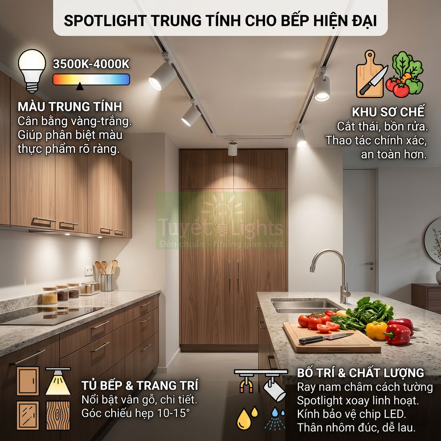 Đèn spotlight LED trung tính chiếu sáng bếp hiện đại, làm nổi bật tủ gỗ và khu sơ chế thực phẩm trên đảo bếp