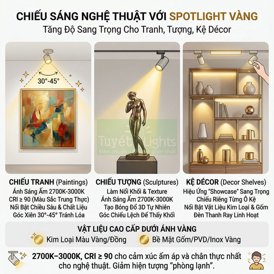 Đèn spotlight vàng chiếu sáng tranh treo tường, tượng nghệ thuật và kệ decor gỗ tạo không gian sang trọng