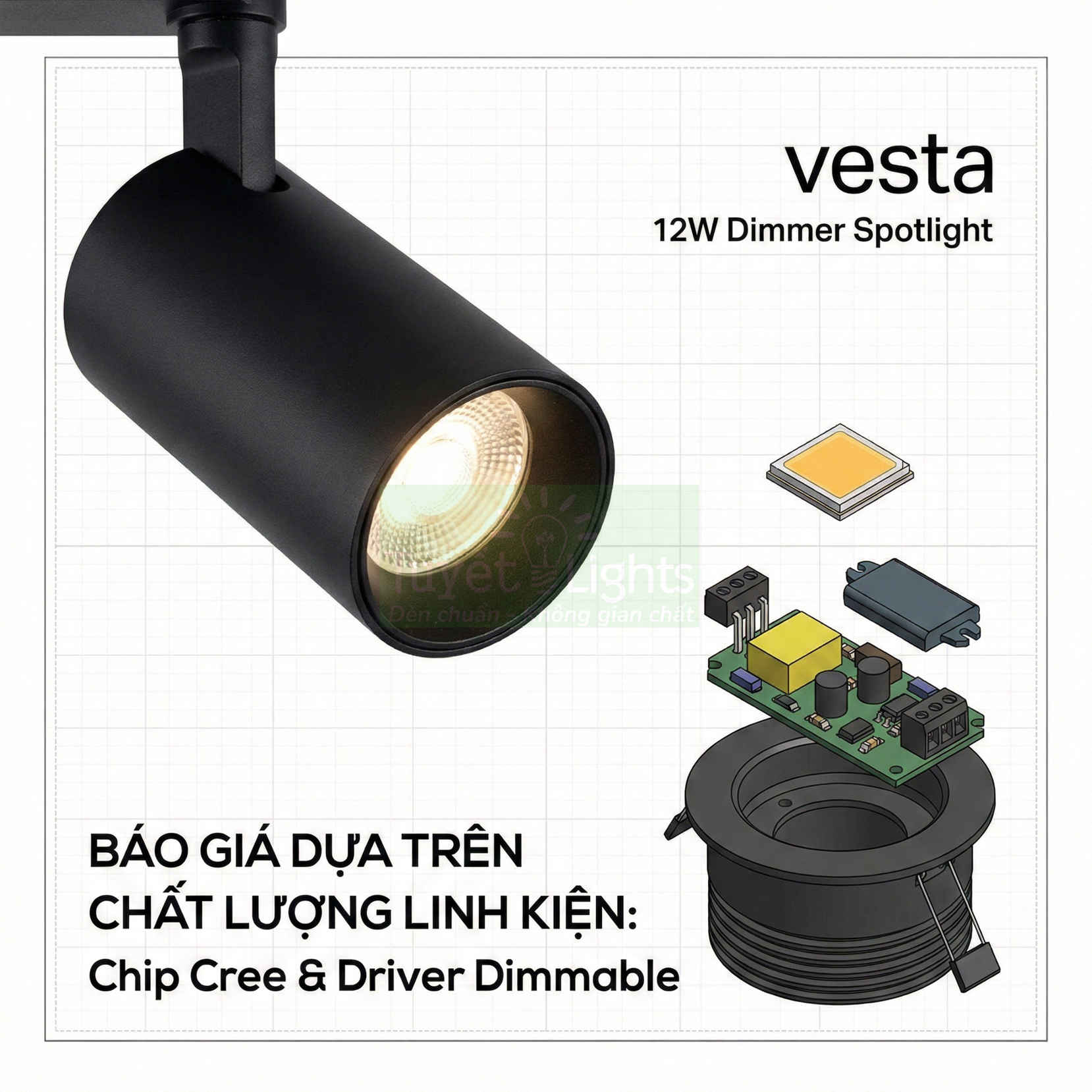 Đèn rọi ray vesta 12W dimmer spotlight màu đen dùng chip Cree và driver dimmable