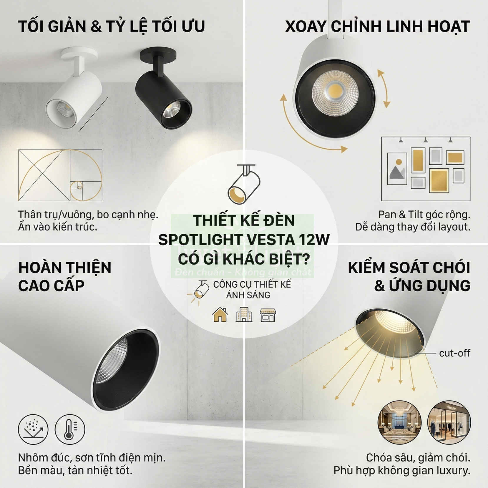 Đèn spotlight Vesta 12W xoay chỉnh linh hoạt, thân nhôm đúc sơn tĩnh điện, chóa sâu giảm chói cho không gian nội thất