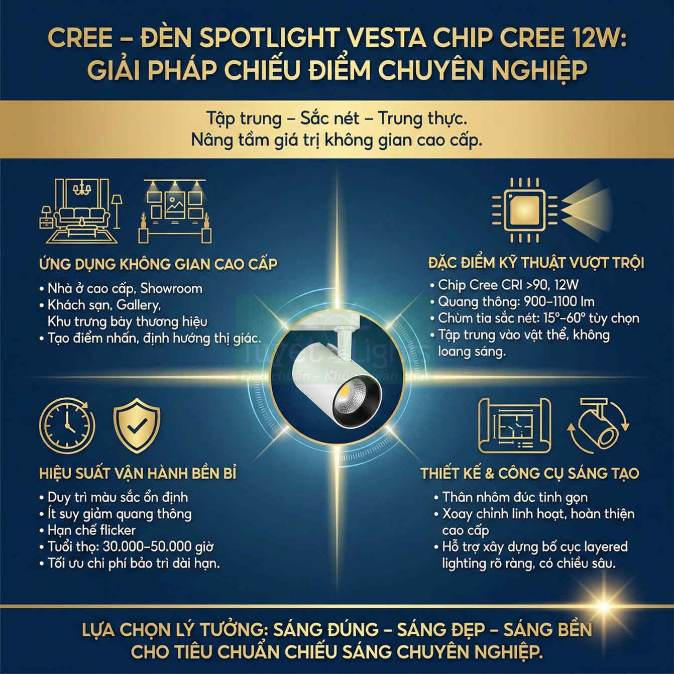 Đèn spotlight Vesta chip Cree 12W màu trắng, thân nhôm nhỏ gọn cho chiếu điểm không gian cao cấp