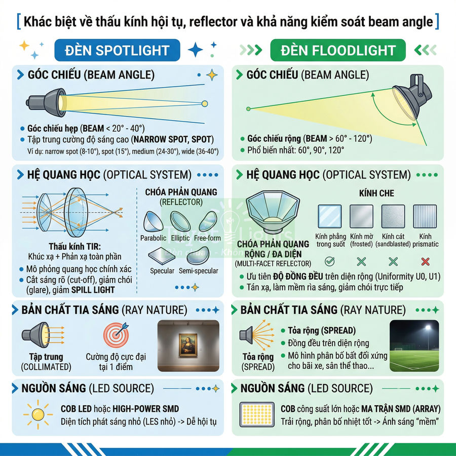 So sánh đèn spotlight và đèn floodlight về góc chiếu, hệ quang học, bản chất tia sáng và nguồn sáng LED