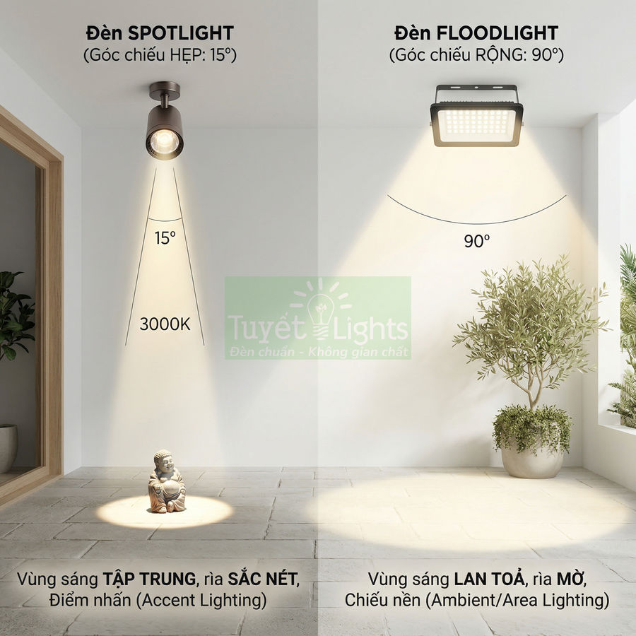 So sánh đèn spotlight góc chiếu hẹp 15 độ và đèn floodlight góc chiếu rộng 90 độ của Tuyết Lights