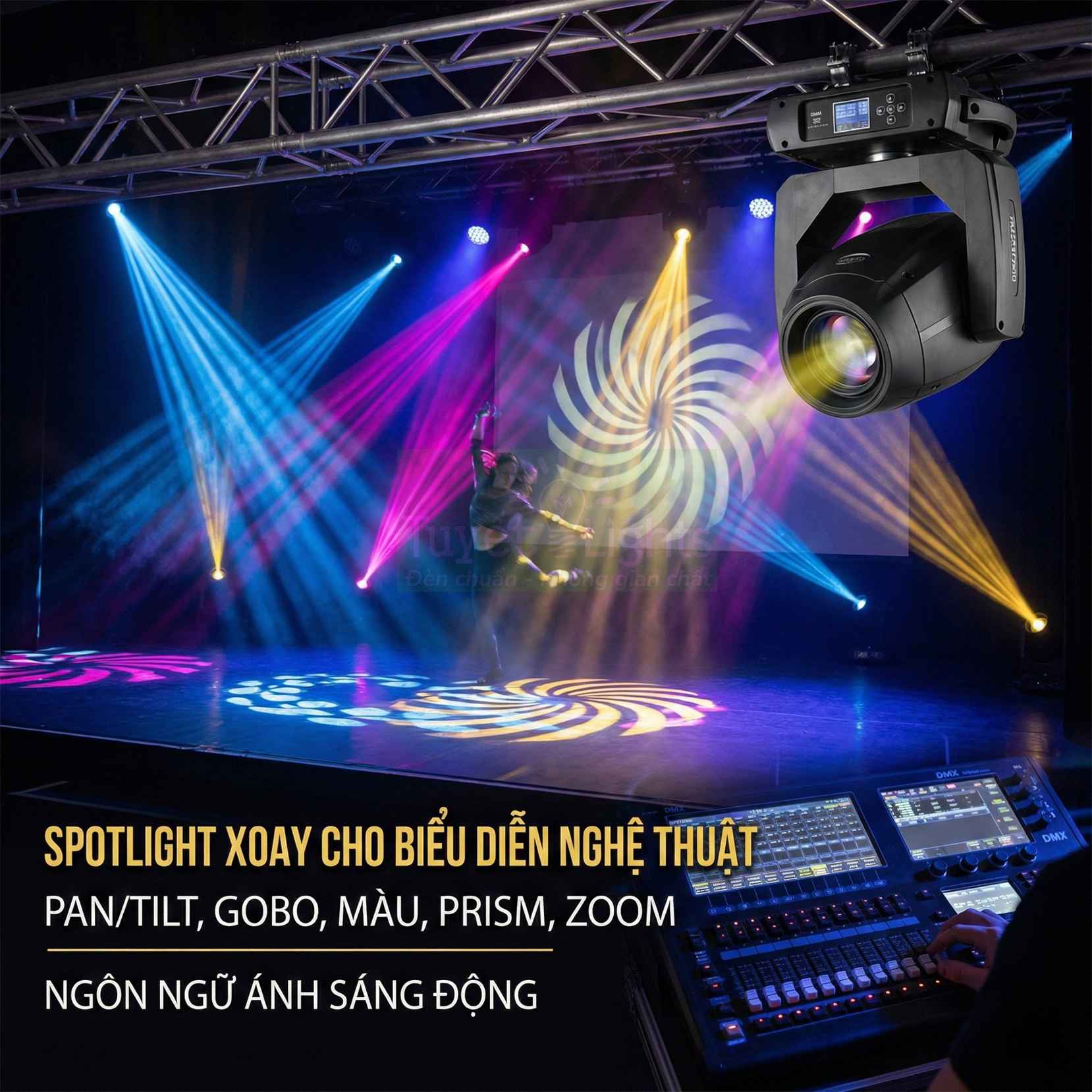 Đèn spotlight xoay sân khấu chiếu hiệu ứng màu sắc lên sàn diễn, điều khiển qua bàn mixer ánh sáng