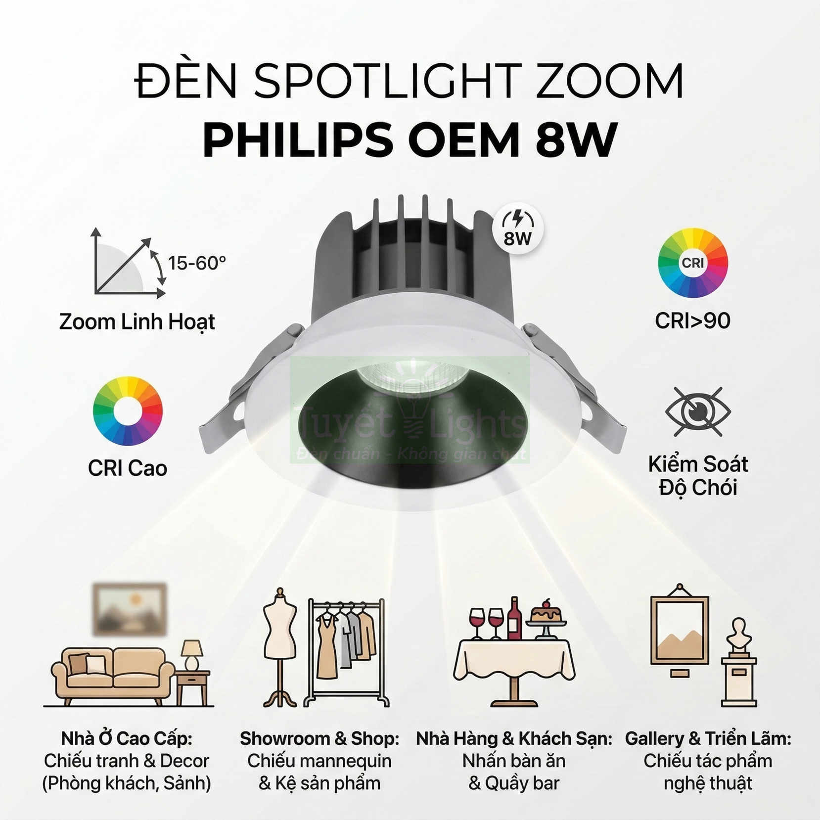 Đèn spotlight zoom Philips OEM 8W CRI cao, góc chiếu linh hoạt, chống chói dùng cho nhà ở và showroom