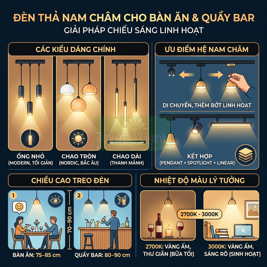 Đèn thả nam châm cho bàn ăn và quầy bar với nhiều kiểu dáng, chiều cao và nhiệt độ màu chiếu sáng linh hoạt