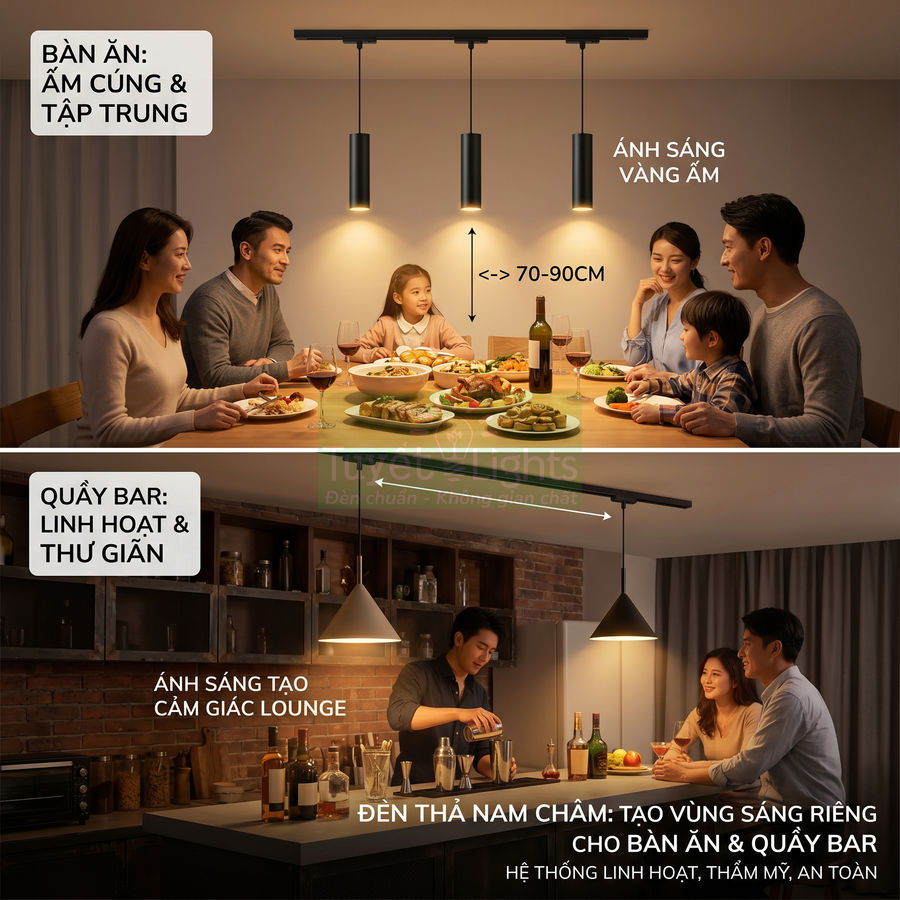 Đèn thả nam châm ánh sáng vàng ấm chiếu bàn ăn và quầy bar, tạo không gian ấm cúng thư giãn cho gia đình