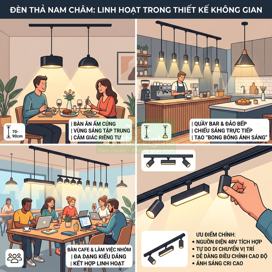 Đèn thả nam châm lắp trần chiếu sáng bàn ăn, quầy bar và không gian làm việc nhóm hiện đại