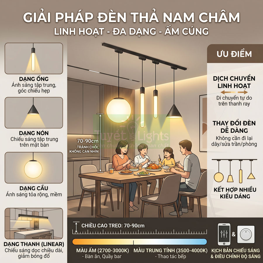 Đèn thả nam châm nhiều kiểu dáng chiếu sáng bàn ăn gia đình, ánh sáng ấm linh hoạt điều chỉnh trên thanh ray