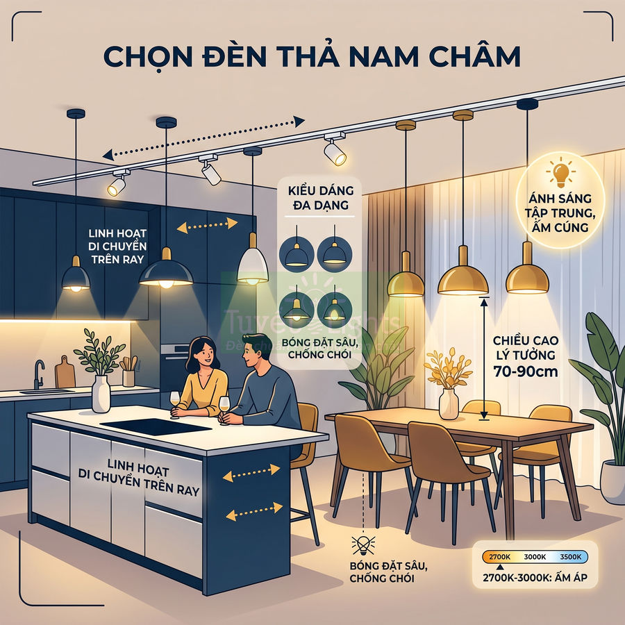 Đèn thả nam châm chiếu sáng bàn bếp và bàn ăn, thiết kế đa dạng, linh hoạt di chuyển trên ray, ánh sáng ấm áp