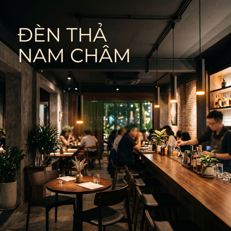 Đèn thả nam châm chiếu sáng quầy bar và bàn ăn trong không gian nhà hàng hiện đại ấm cúng