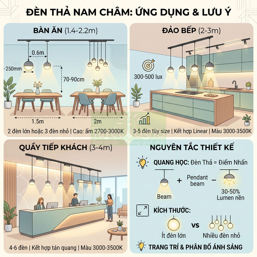 Minh họa ứng dụng đèn thả nam châm cho bàn ăn, đảo bếp, quầy tiếp khách và nguyên tắc thiết kế chiếu sáng