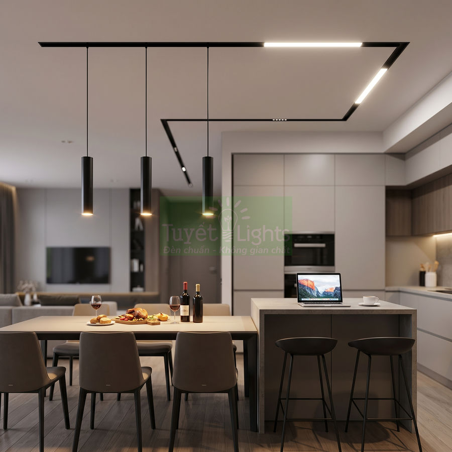 Đèn thả trần tuyết light màu đen chiếu sáng bàn ăn và đảo bếp trong không gian bếp hiện đại