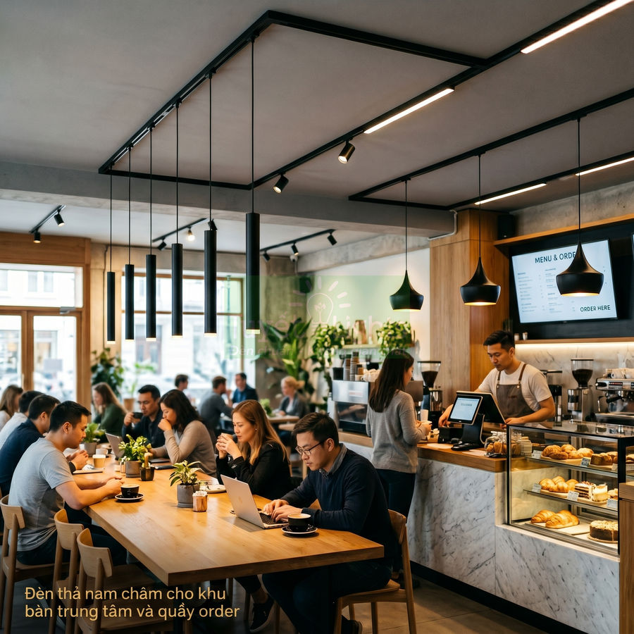 Đèn thả nam châm chiếu sáng bàn trung tâm và quầy order trong quán cà phê hiện đại đông khách