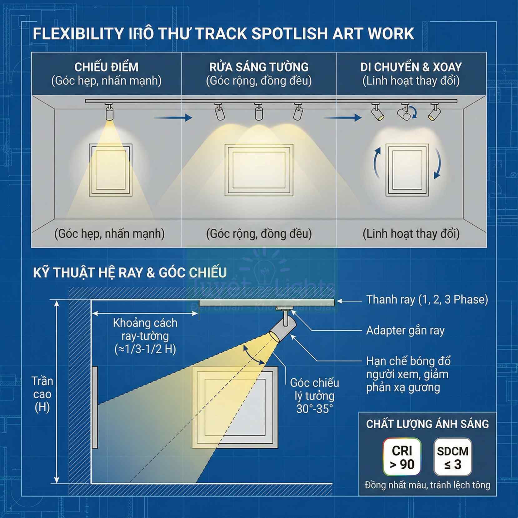 Hệ thống đèn rọi ray spotlight chiếu tranh nghệ thuật với các chế độ chiếu điểm, rửa sáng tường và xoay linh hoạt