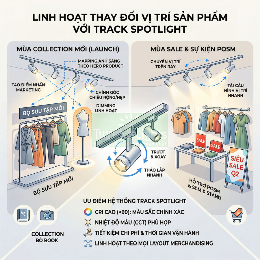 Đèn track spotlight chiếu sáng linh hoạt cho kệ quần áo và khu vực trưng bày sản phẩm thời trang trong cửa hàng