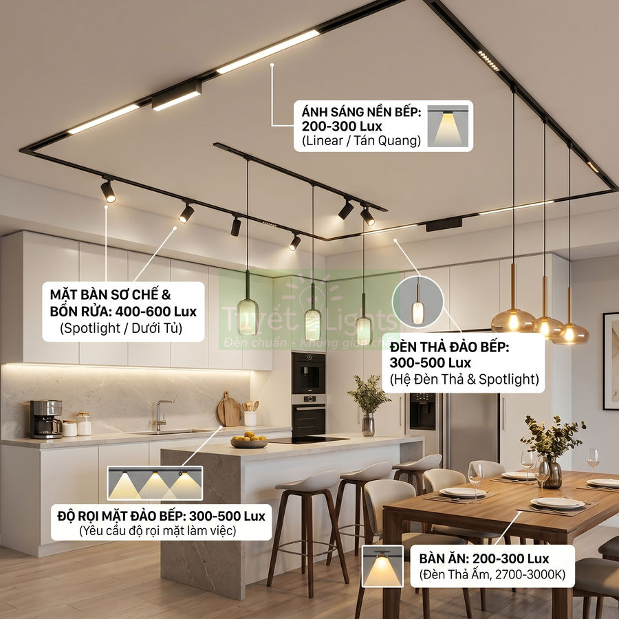 Hệ thống đèn trần và đèn thả hiện đại chiếu sáng phòng bếp và bàn ăn phong cách tối giản