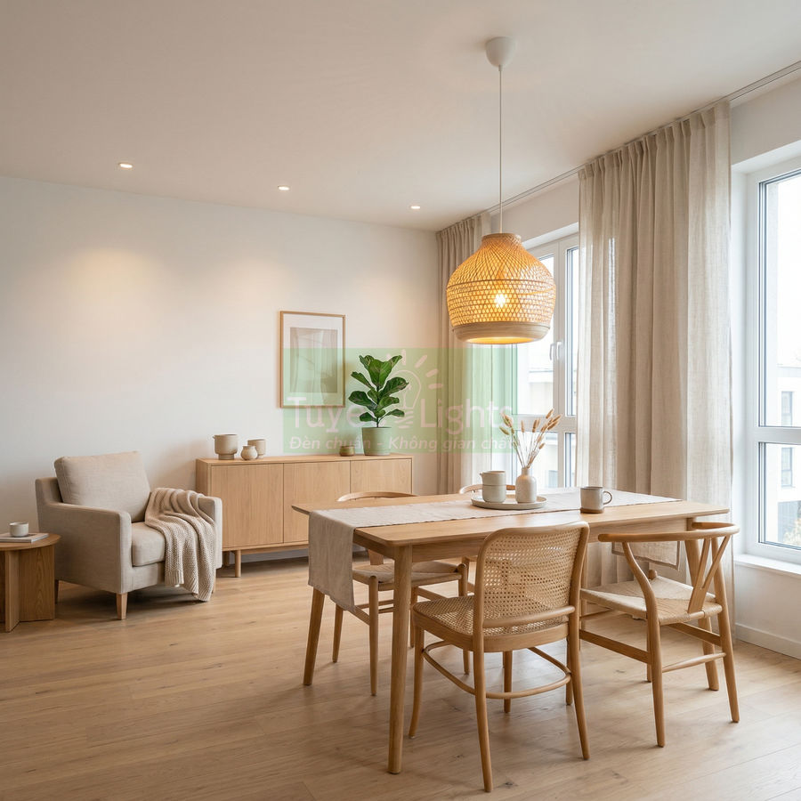 Đèn thả trần mây tre trang trí phòng ăn phong cách Bắc Âu với bàn ghế gỗ sáng màu