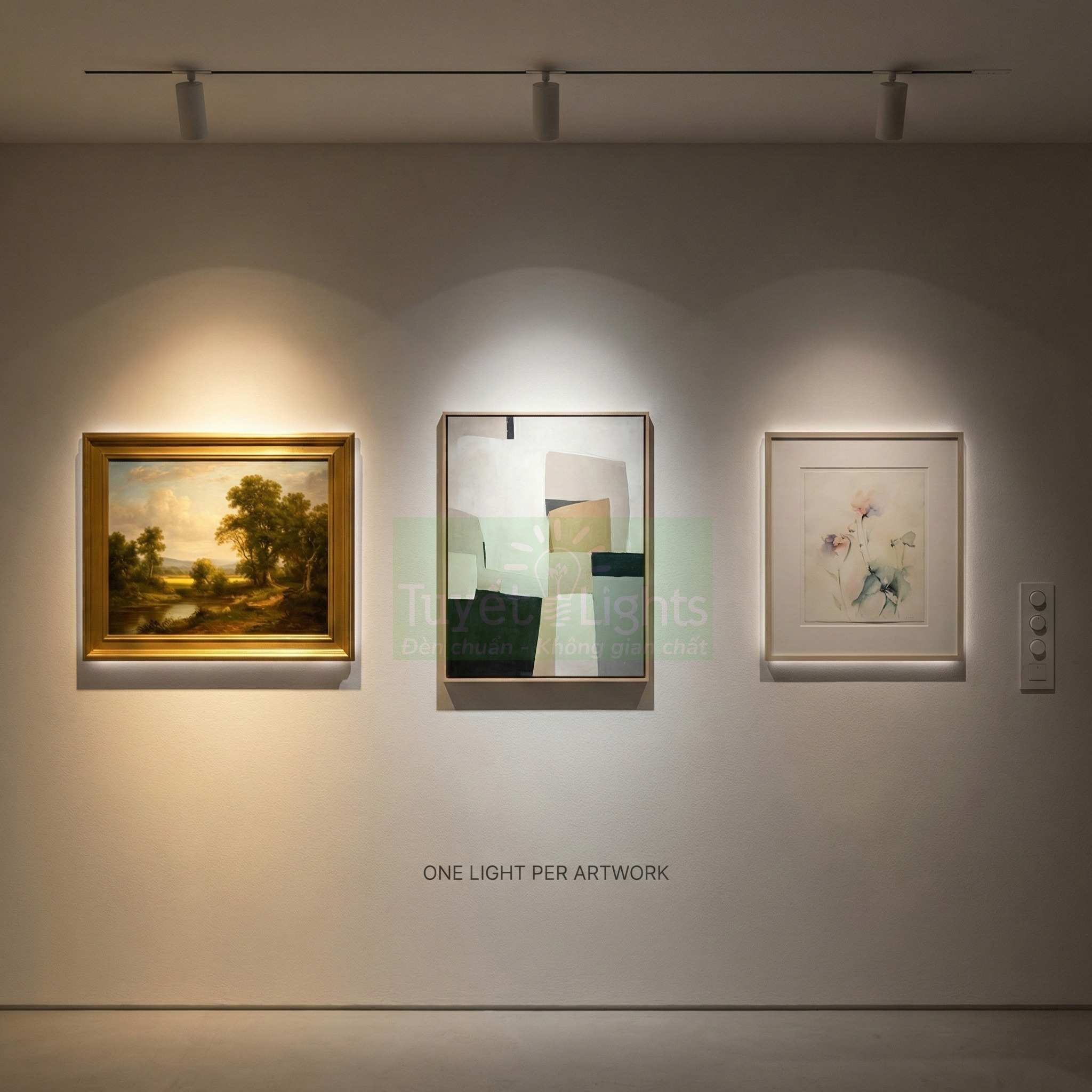 Đèn rọi tranh Tuyết Lights chiếu sáng ba bức tranh treo tường trong không gian trưng bày hiện đại
