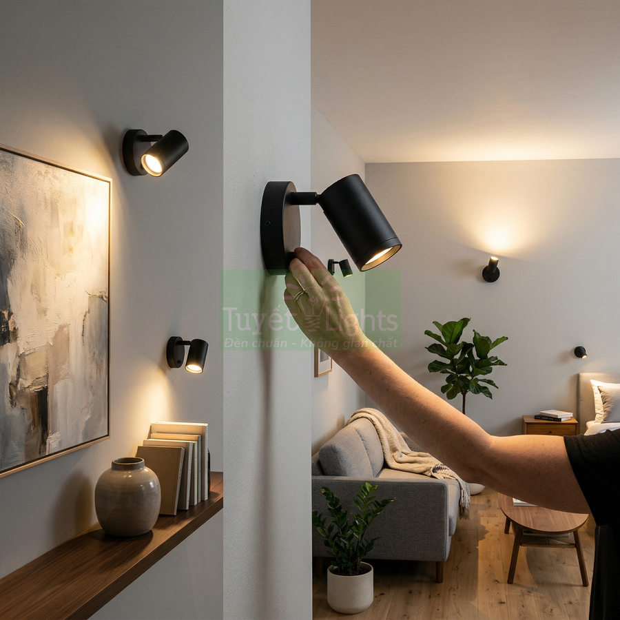 Đèn tường LED màu đen hiện đại trong phòng khách, tay người điều chỉnh hướng chiếu sáng