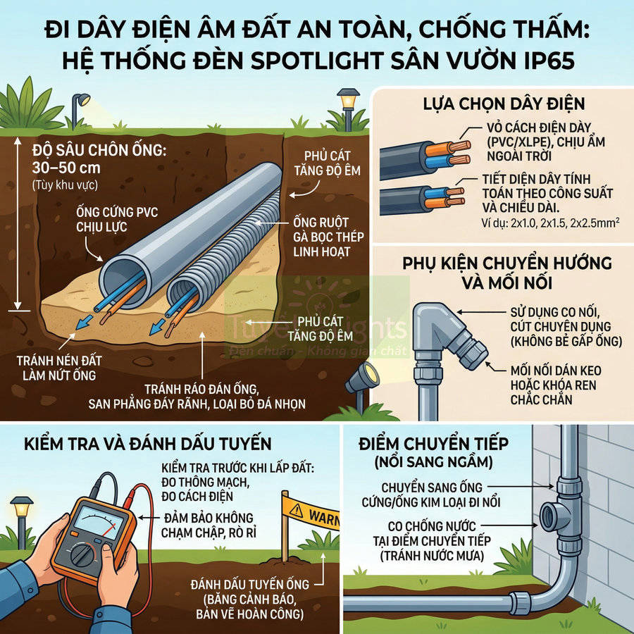 Hướng dẫn đi dây điện âm đất cho hệ thống đèn spotlight sân vườn IP65 với ống bảo vệ và phụ kiện chống thấm