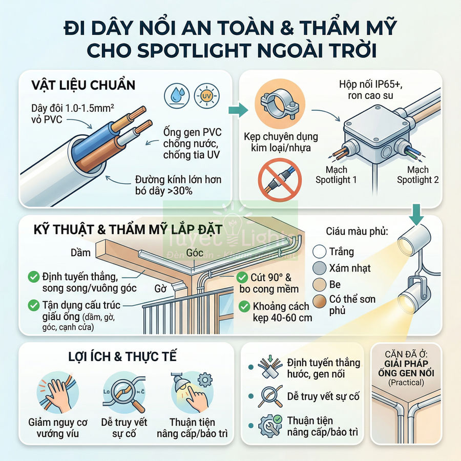 Hướng dẫn đi dây nổi an toàn thẩm mỹ cho đèn spotlight ngoài trời bằng ống gen PVC và hộp nối IP65
