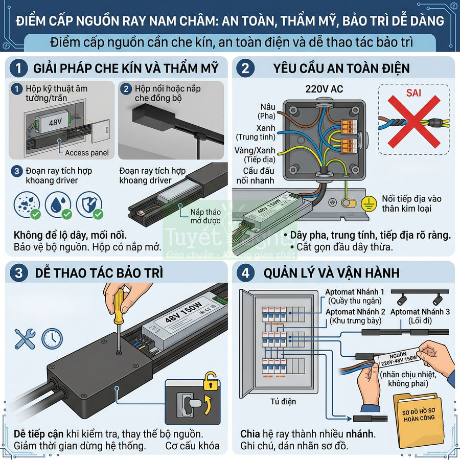 Hướng dẫn lắp đặt và đấu nối điểm cấp nguồn ray nam châm 48V an toàn, thẩm mỹ, dễ bảo trì
