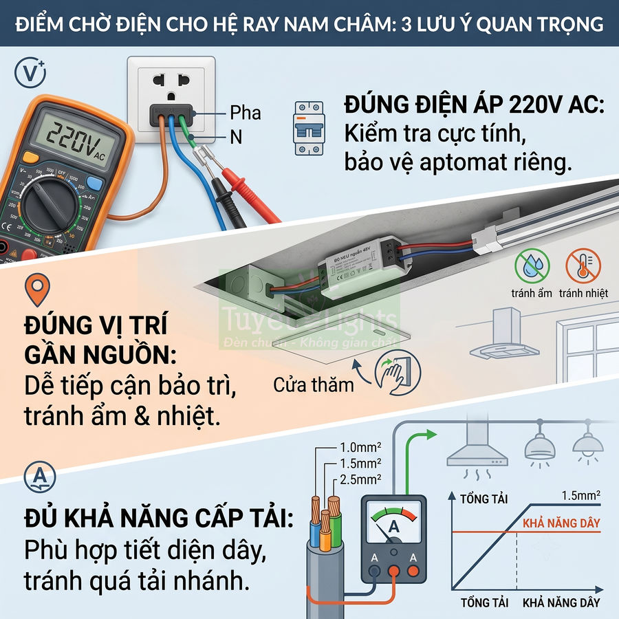 Hướng dẫn chọn điểm chờ điện cho hệ ray nam châm, kiểm tra điện áp 220V và tiết diện dây chịu tải