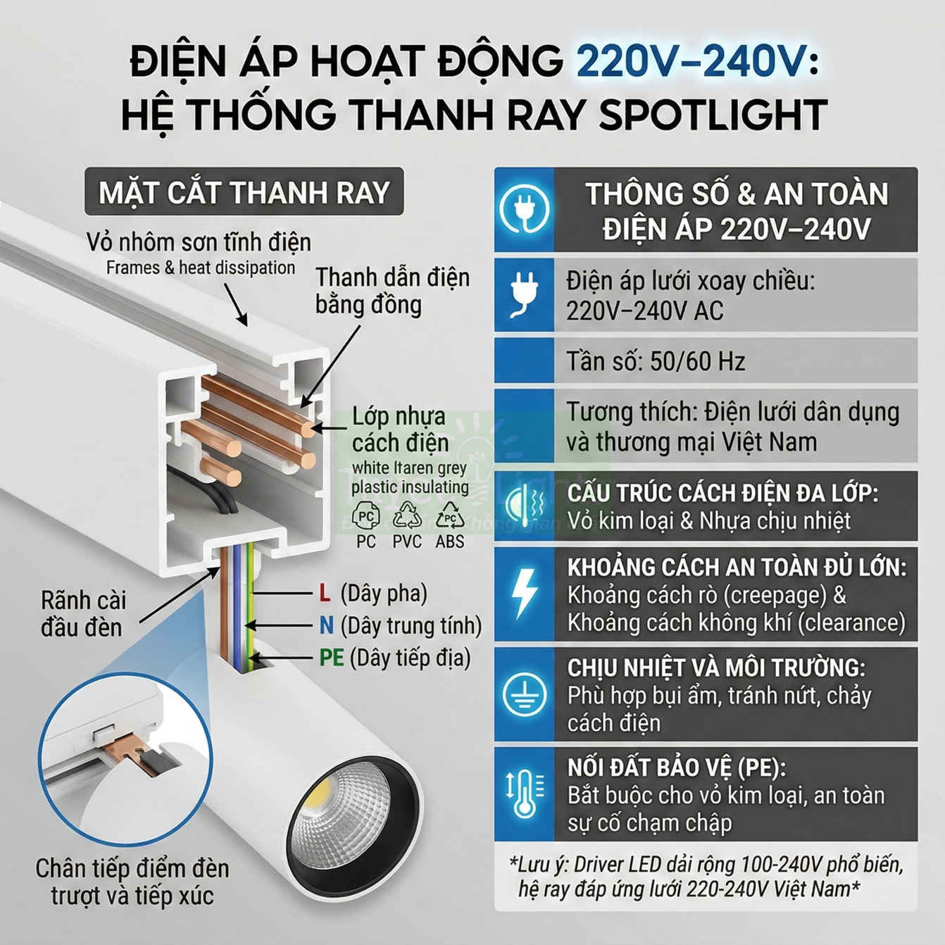 Cấu tạo thanh ray spotlight 220V 240V với mặt cắt thanh ray nhôm, dây dẫn đồng và đèn led chiếu điểm