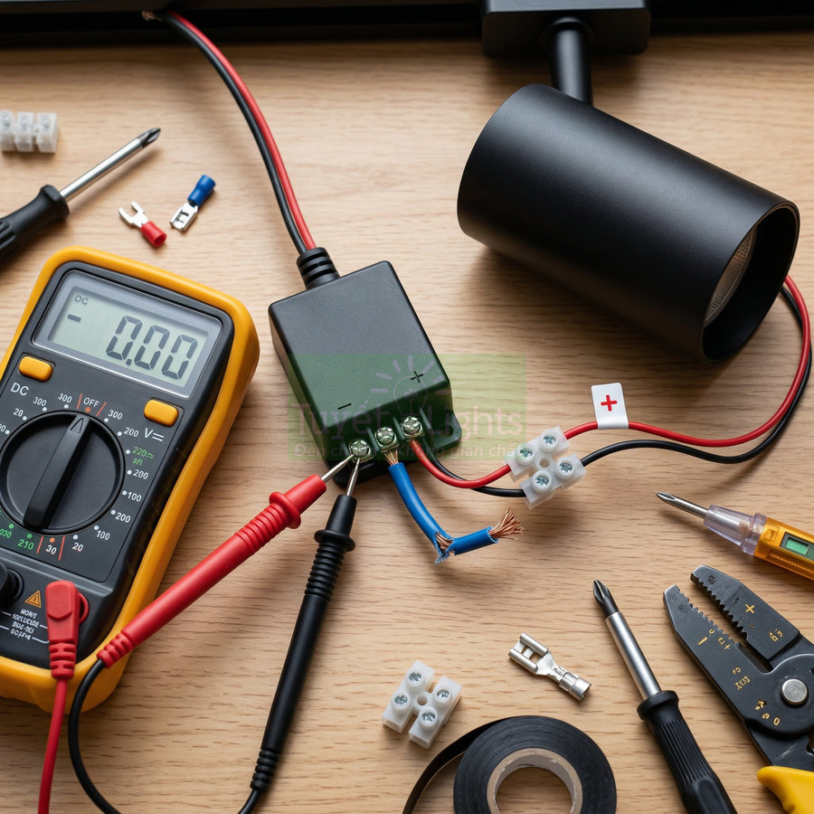 Lắp đặt đèn led rọi ray màu đen với đồng hồ đo điện và dụng cụ điện trên bàn gỗ