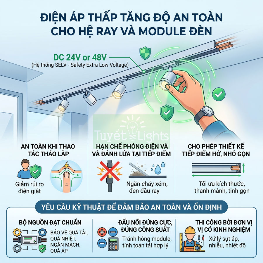 Hệ thống ray đèn LED điện áp thấp Tuyết Lights với module chiếu sáng an toàn, nhỏ gọn cho nội thất