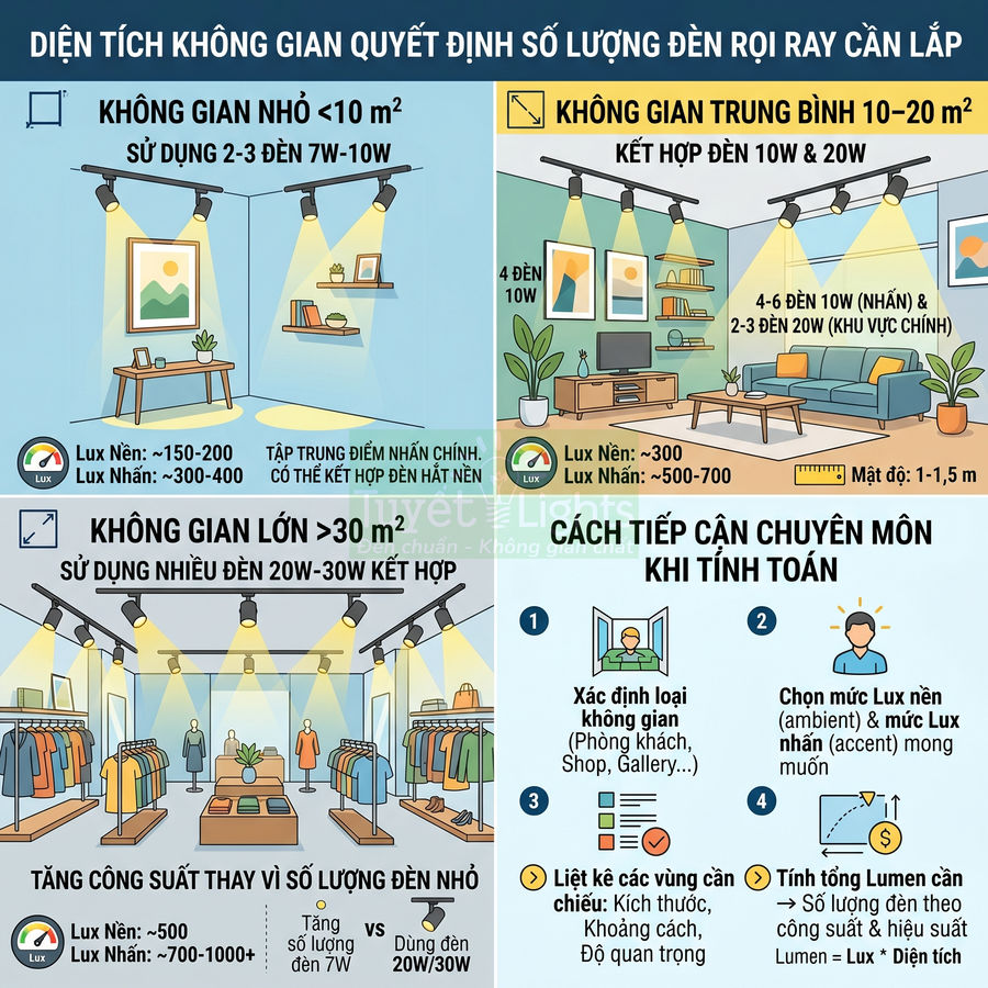 Hướng dẫn chọn số lượng đèn rọi ray và công suất phù hợp cho không gian nhỏ, trung bình và lớn theo diện tích và độ lux