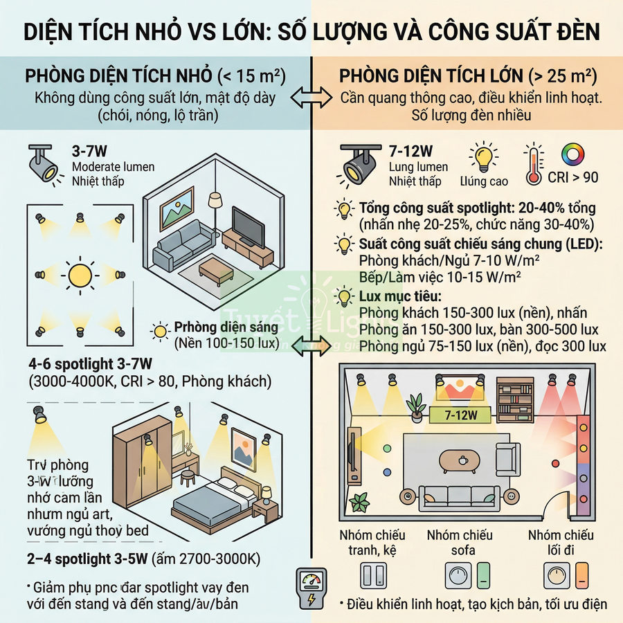 Infographic hướng dẫn chọn số lượng và công suất đèn LED spotlight cho phòng nhỏ và phòng lớn trong nhà