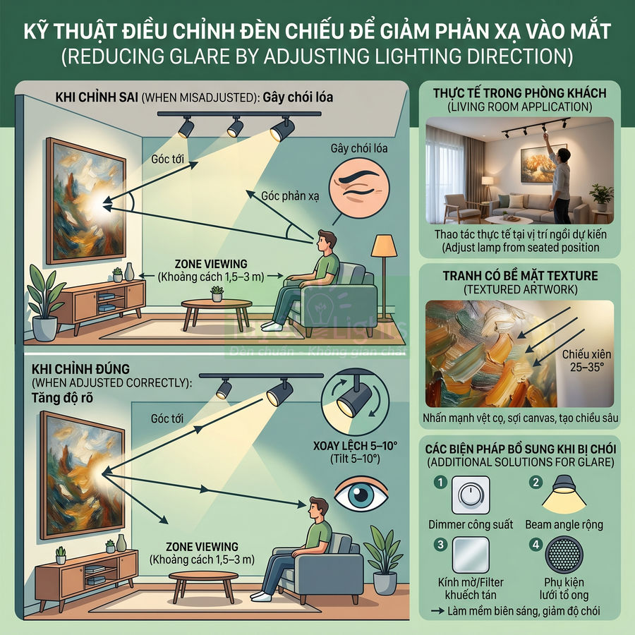 Hướng dẫn điều chỉnh đèn rọi tranh trong phòng khách để giảm chói và tăng độ rõ cho tranh treo tường