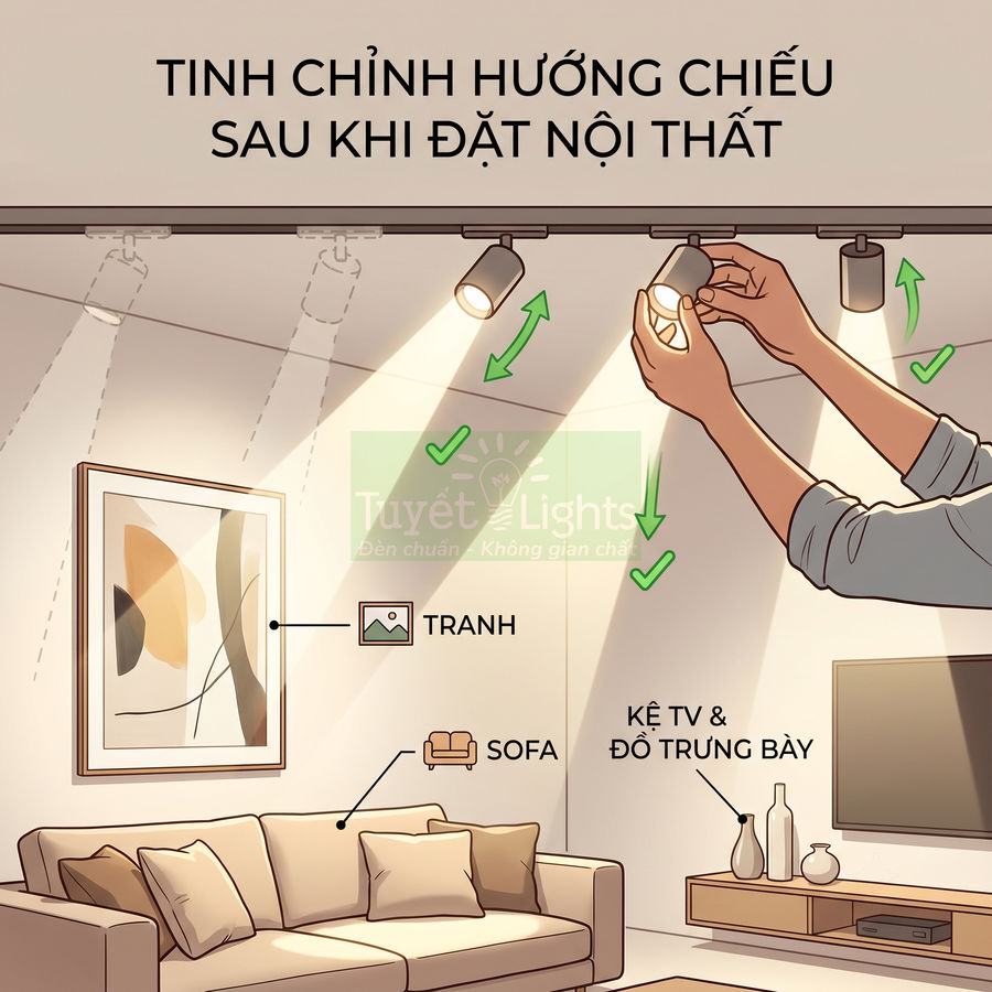 Điều chỉnh đèn rọi ray Tuyết Lights chiếu tranh, sofa và kệ tivi trong phòng khách hiện đại