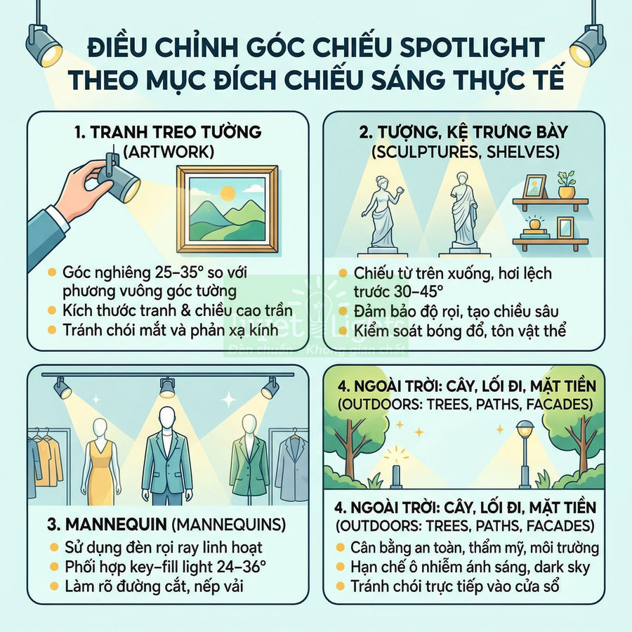 Hướng dẫn điều chỉnh góc chiếu đèn spotlight cho tranh treo tường, tượng trưng bày, mannequin và chiếu sáng ngoài trời
