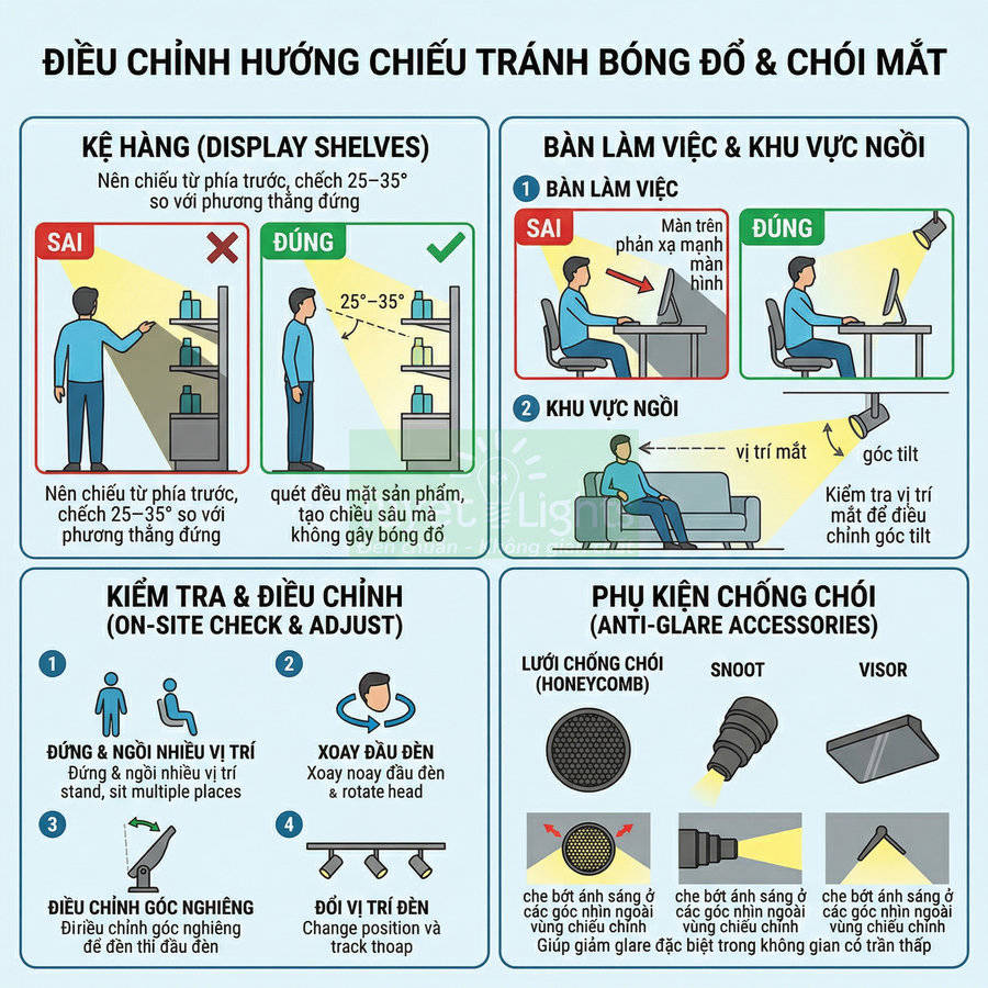 Hướng dẫn điều chỉnh đèn chiếu và phụ kiện chống chói để giảm bóng đổ cho kệ hàng và bàn làm việc